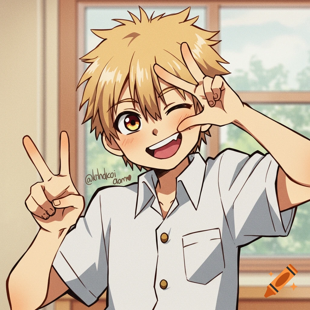 Anime character winking and making peace signs