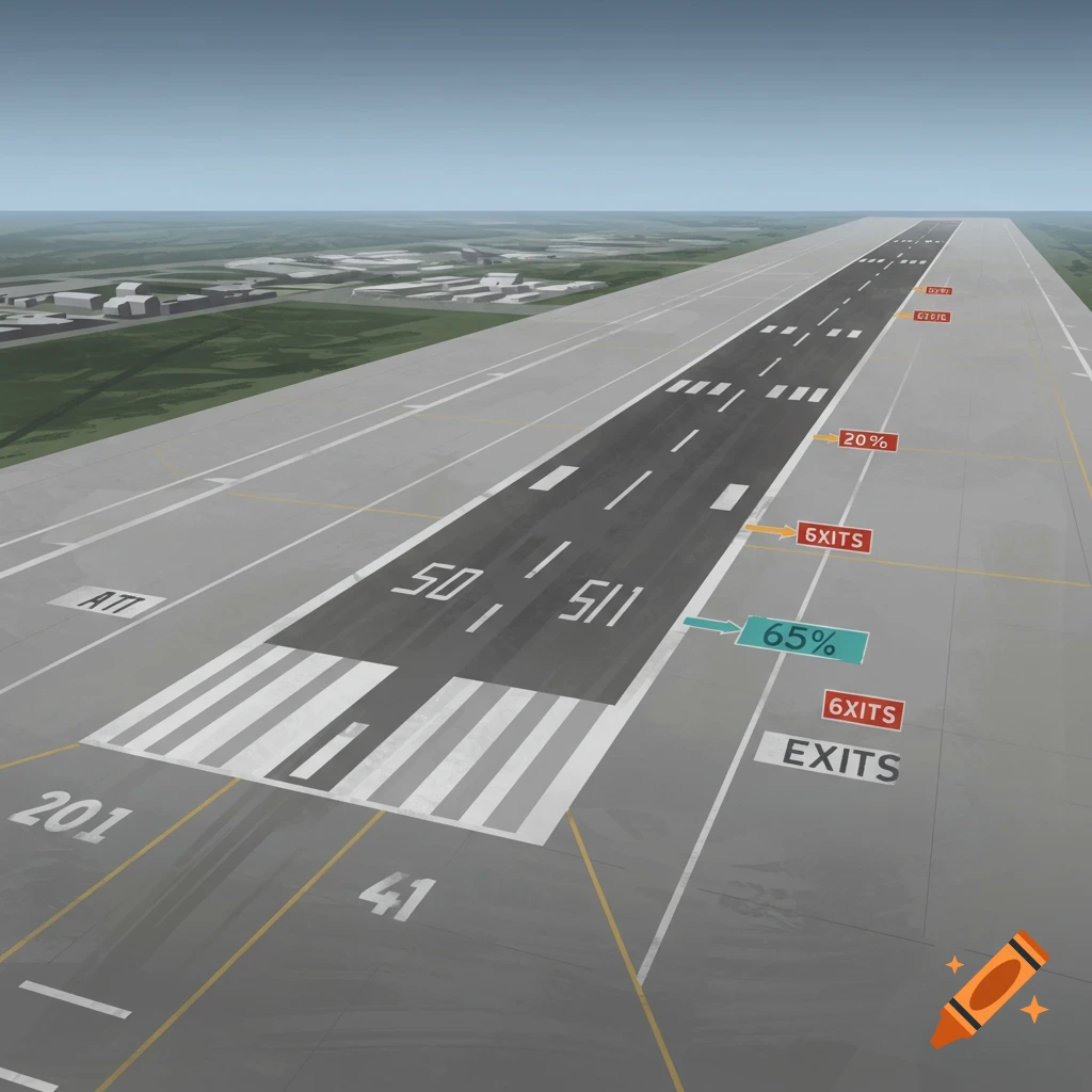 An airport runway with markings, signs, and buildings in the distance.