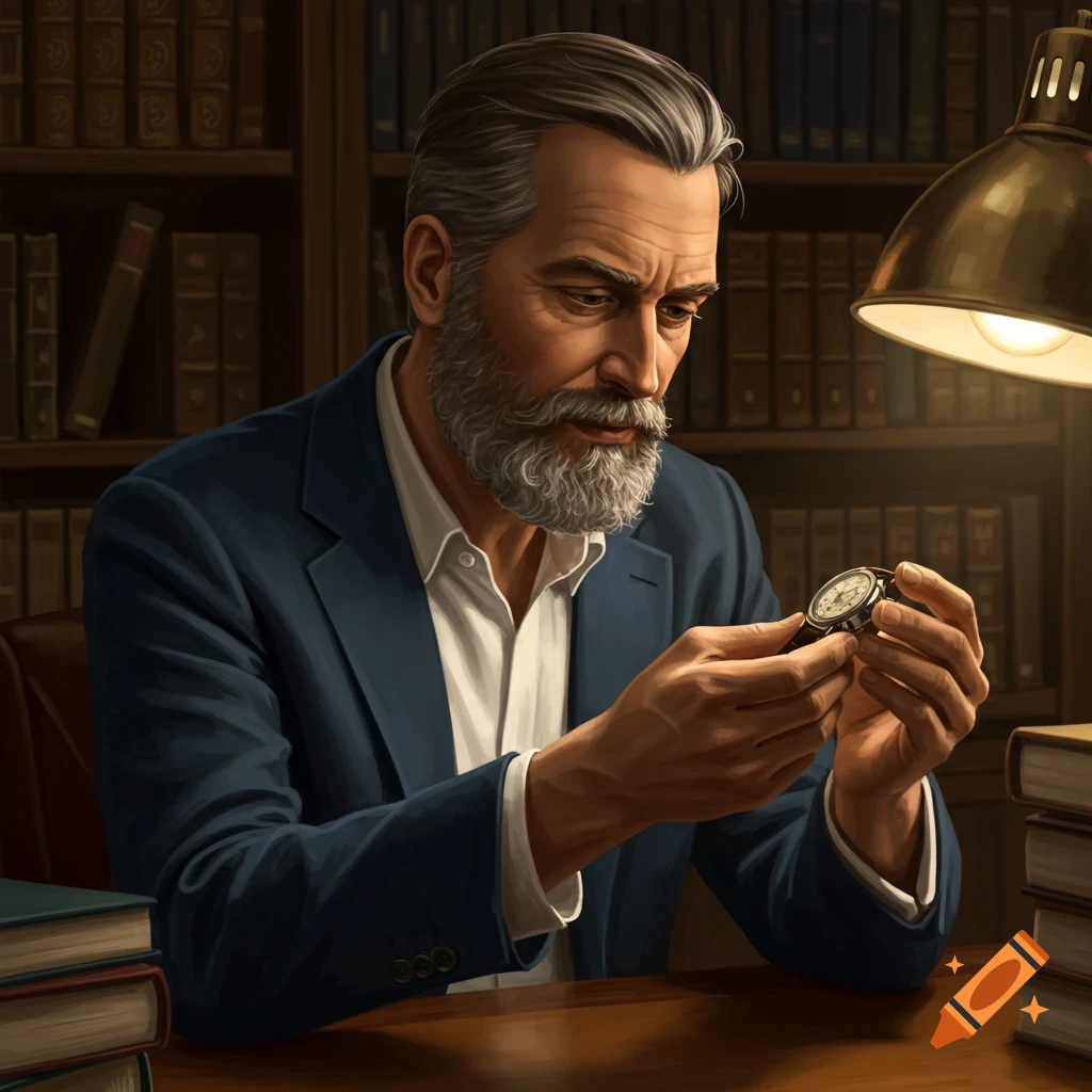 A bearded man in a suit examines a wristwatch in a library.
