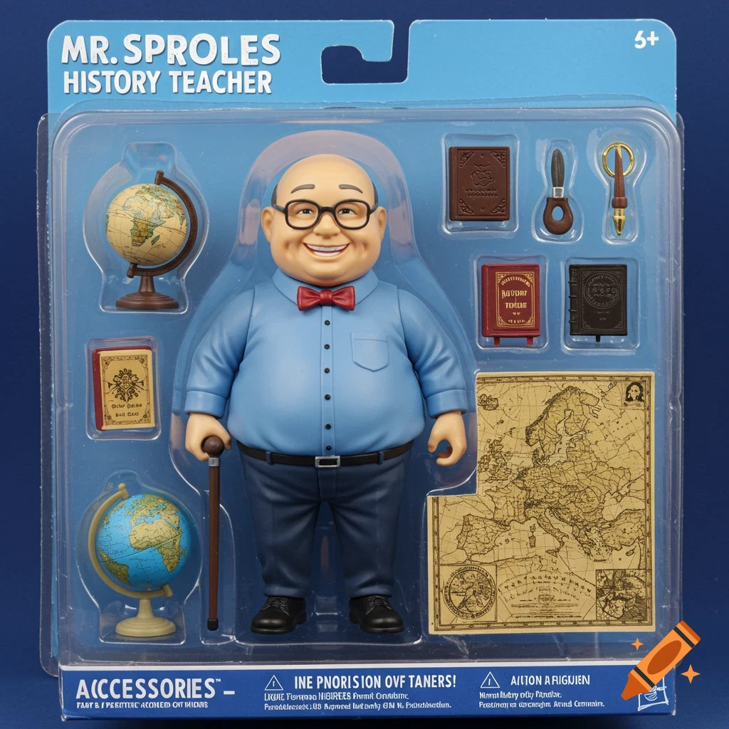 Action figure of a bald man with glasses in toy packaging with globe, books, and map.