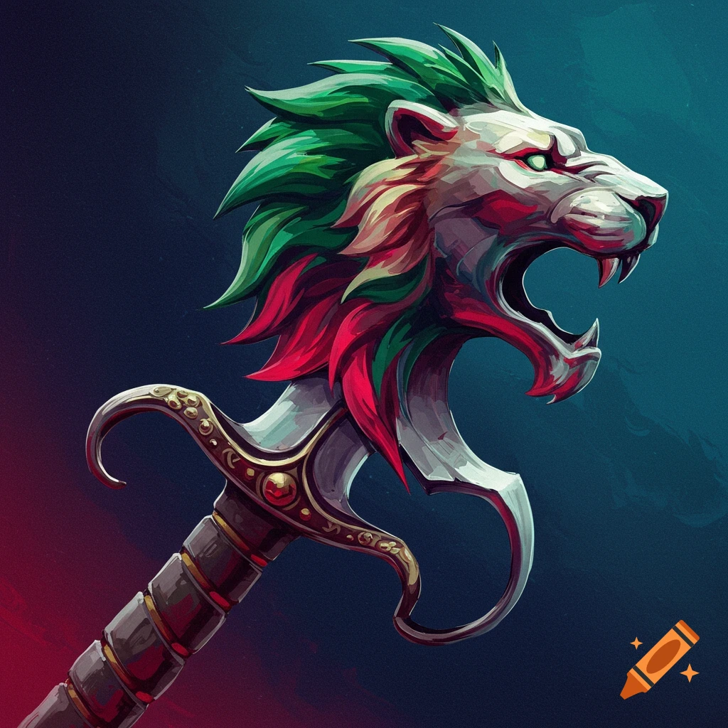 A sword hilt shaped like a roaring lion's head with green, white, and red mane.