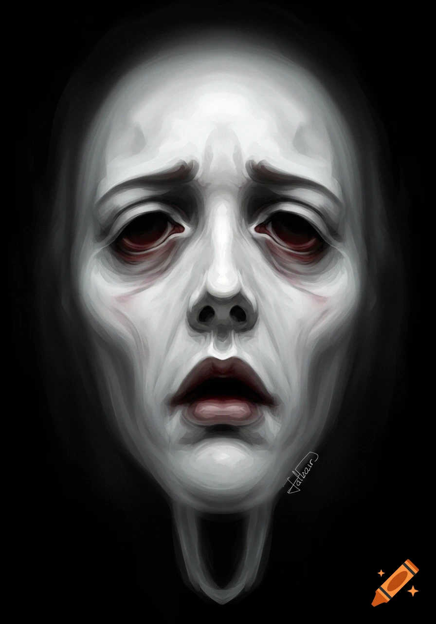 A pale, gaunt ghostly face with dark eyes.