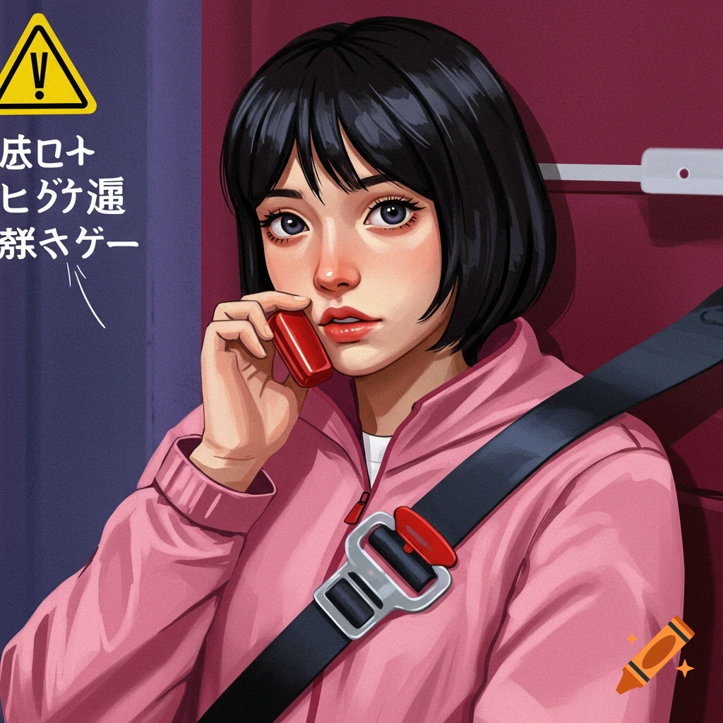 Image of a woman in a pink hoodie wearing a seatbelt with Japanese text and caution symbol.