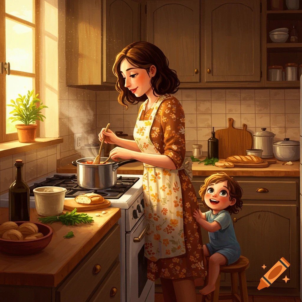 A mother cooks at a stove with her child sitting beside her in a kitchen.