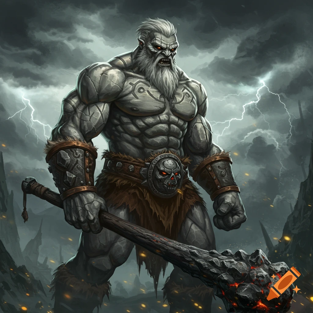A muscular stone giant barbarian holds a club in a stormy landscape.