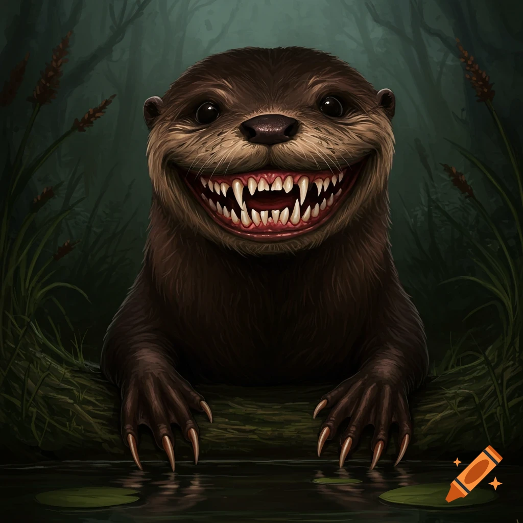 A scary smiling otter with sharp teeth in a dark forest