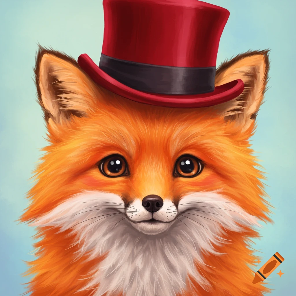 A cute fox wearing a red top hat