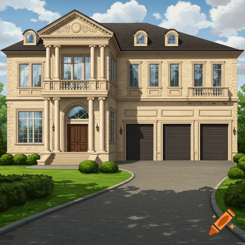 A large luxurious house with columns, balconies, a driveway, lawn, and bushes under a cloudy sky.