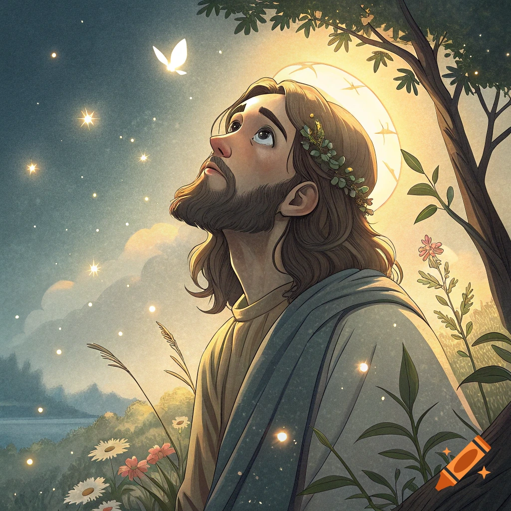 Stylized illustration of Jesus looking up at a butterfly in a sunlit forest clearing with flowers and sparkling lights.