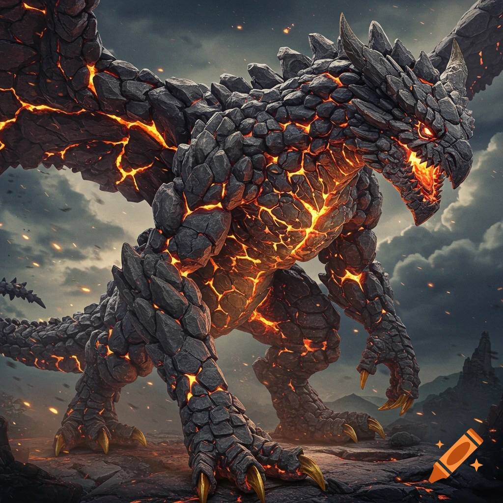A large rock-textured dragon with glowing lava cracks and gold claws stands under a stormy sky.