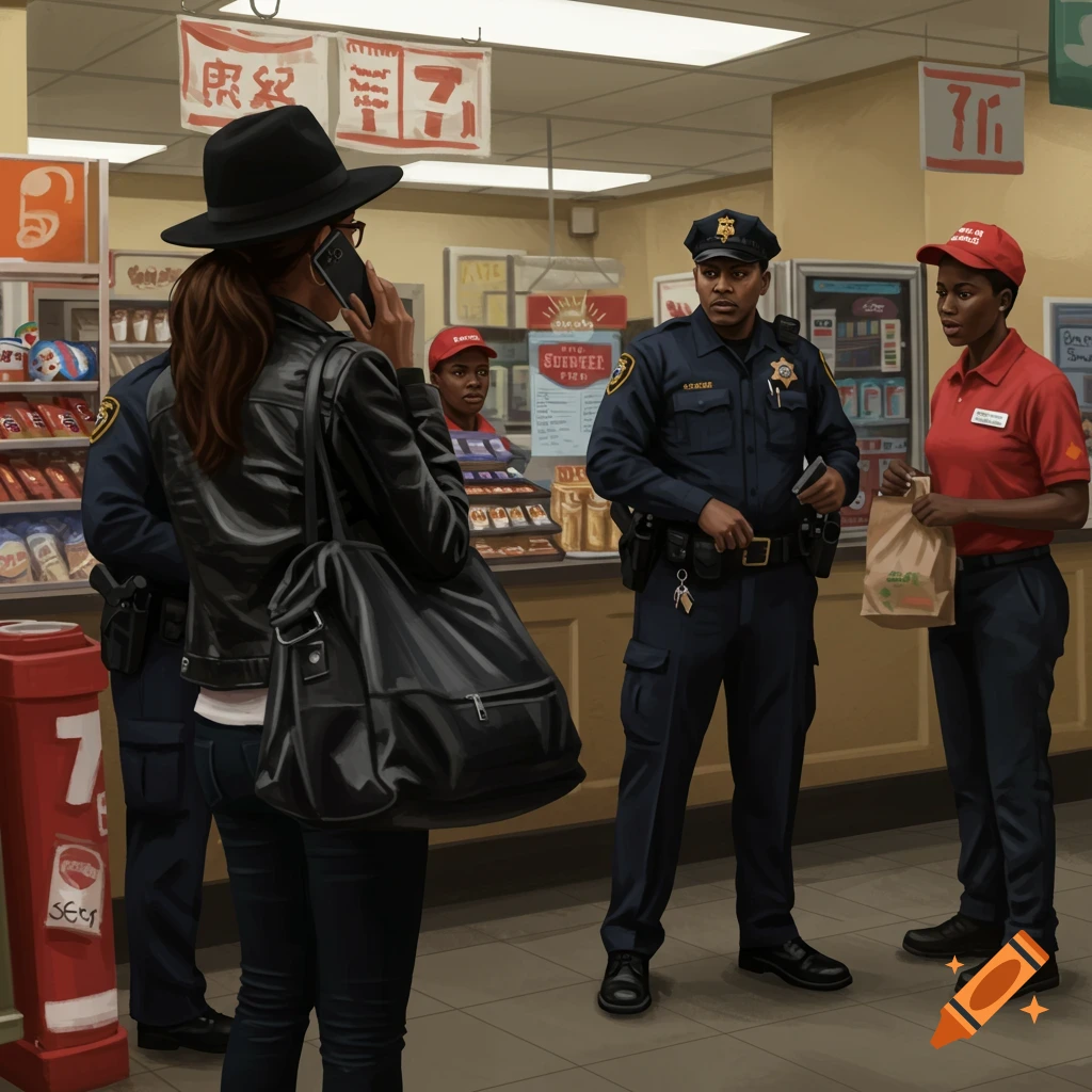 A scene inside a convenience store features a woman talking on her phone, two police officers, and a store worker.