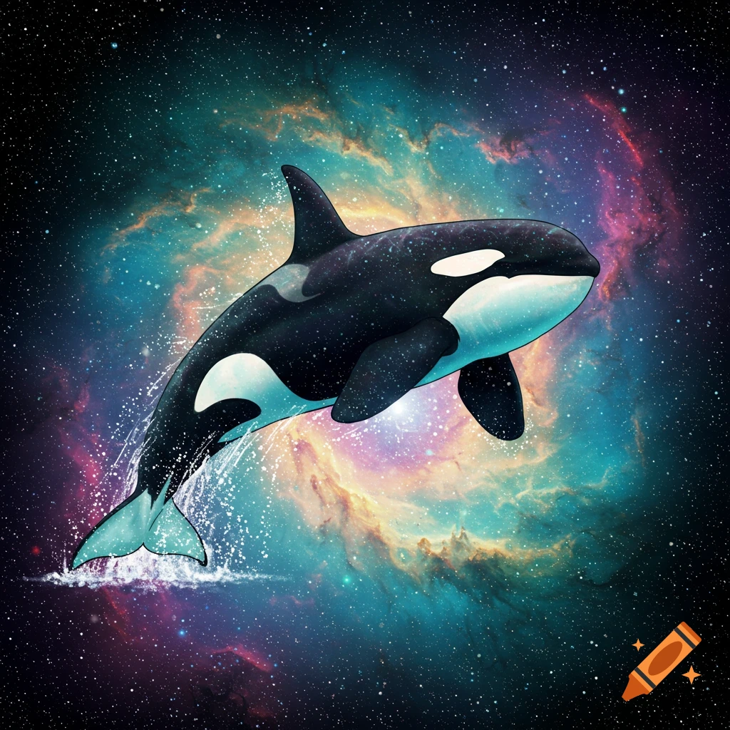 An orca leaping out of a colorful nebula in space.