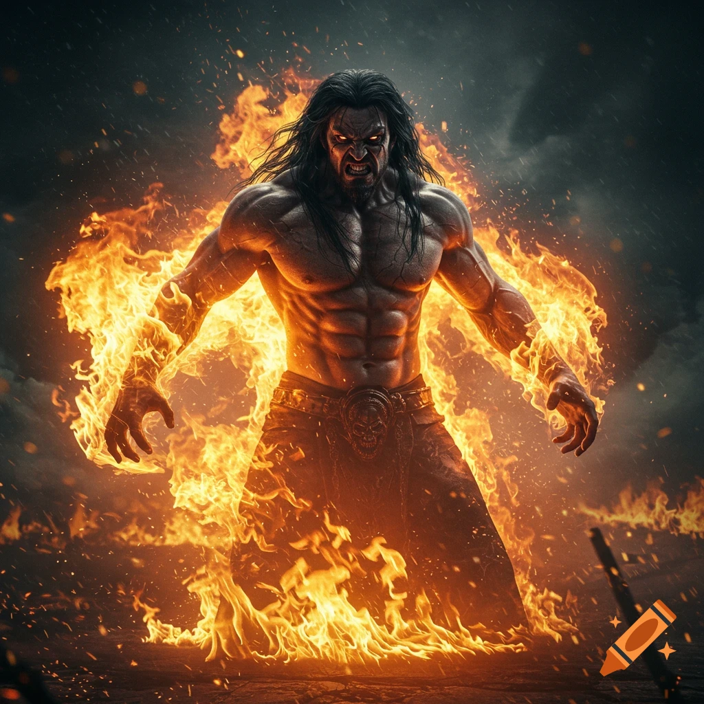 Photorealistic image of a muscular man with long black hair surrounded by flames against a dark, stormy sky.