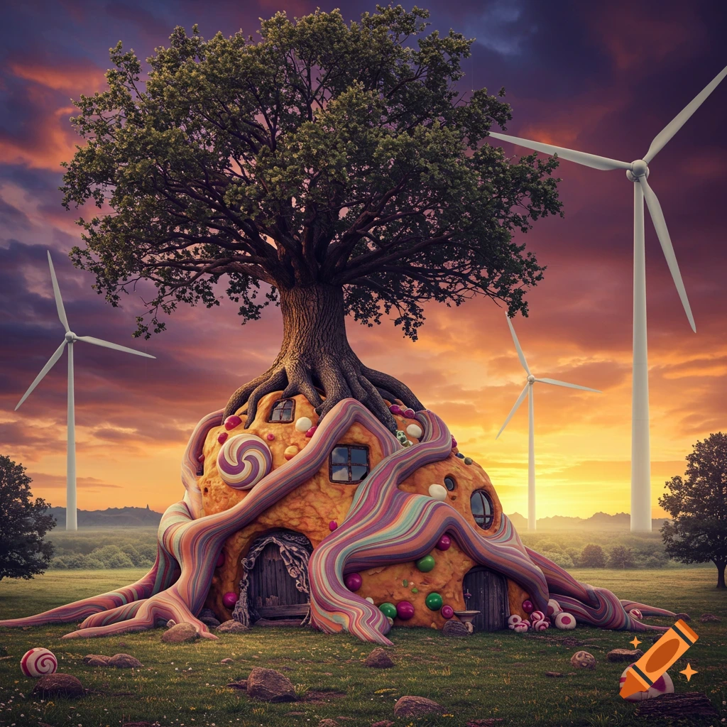 A whimsical house made of candy and icing with a large tree growing from its roof, set in a grassy field with wind turbines in the background under a dramatic sunset sky.