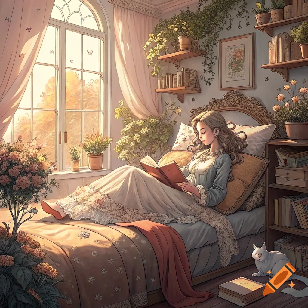 Studio Ghibli-style illustration of a woman reading on a bed in a bright, plant-filled room with a cat.