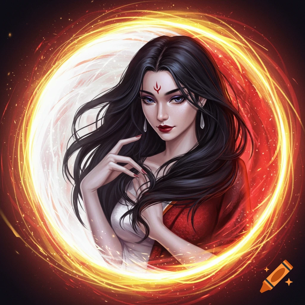 A woman with dark hair and a symbol on her forehead is surrounded by a ring of fiery light.