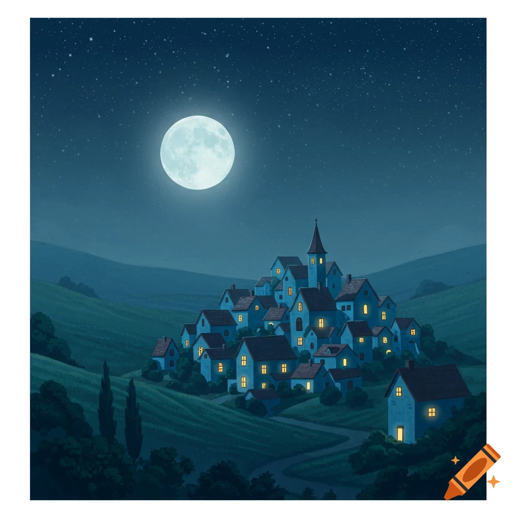 Illustration of a village on a hillside at night under a full moon.