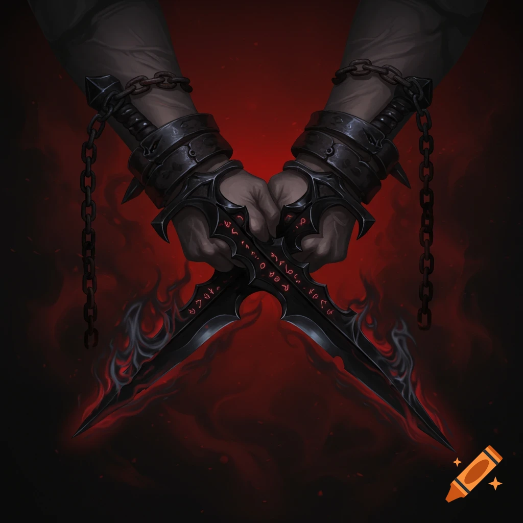Two hands hold crossed black daggers with runes, chained at the wrists, against a red smoky background.