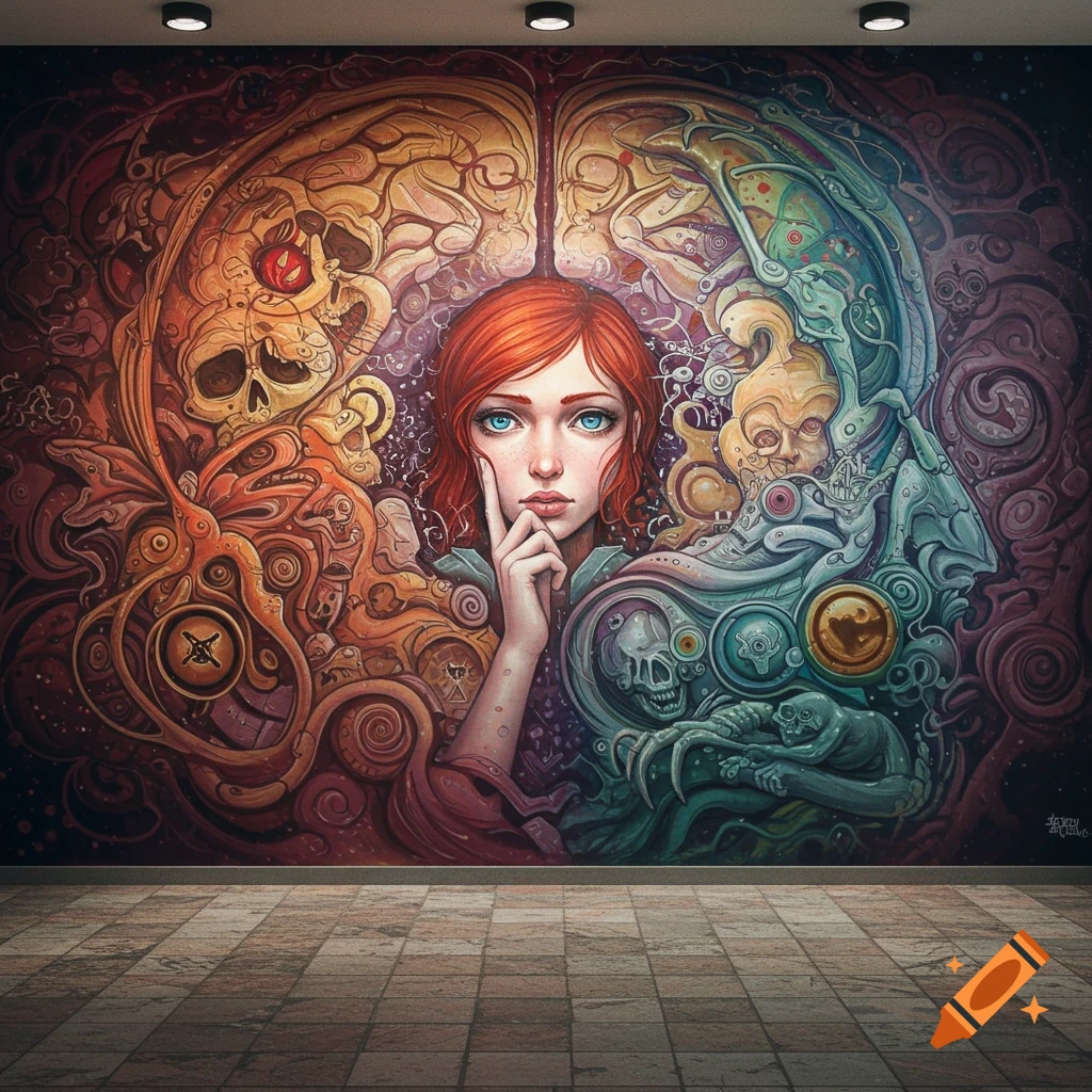 Image of a woman's face centered in a detailed, surreal mural with psychological imagery like skulls and abstract forms.