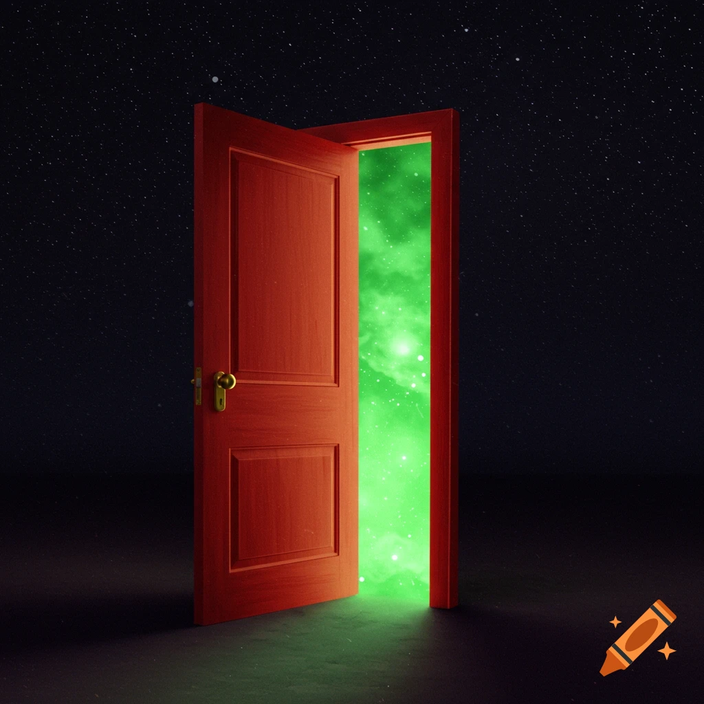 A red door opens into a bright green nebulous space filled with stars.