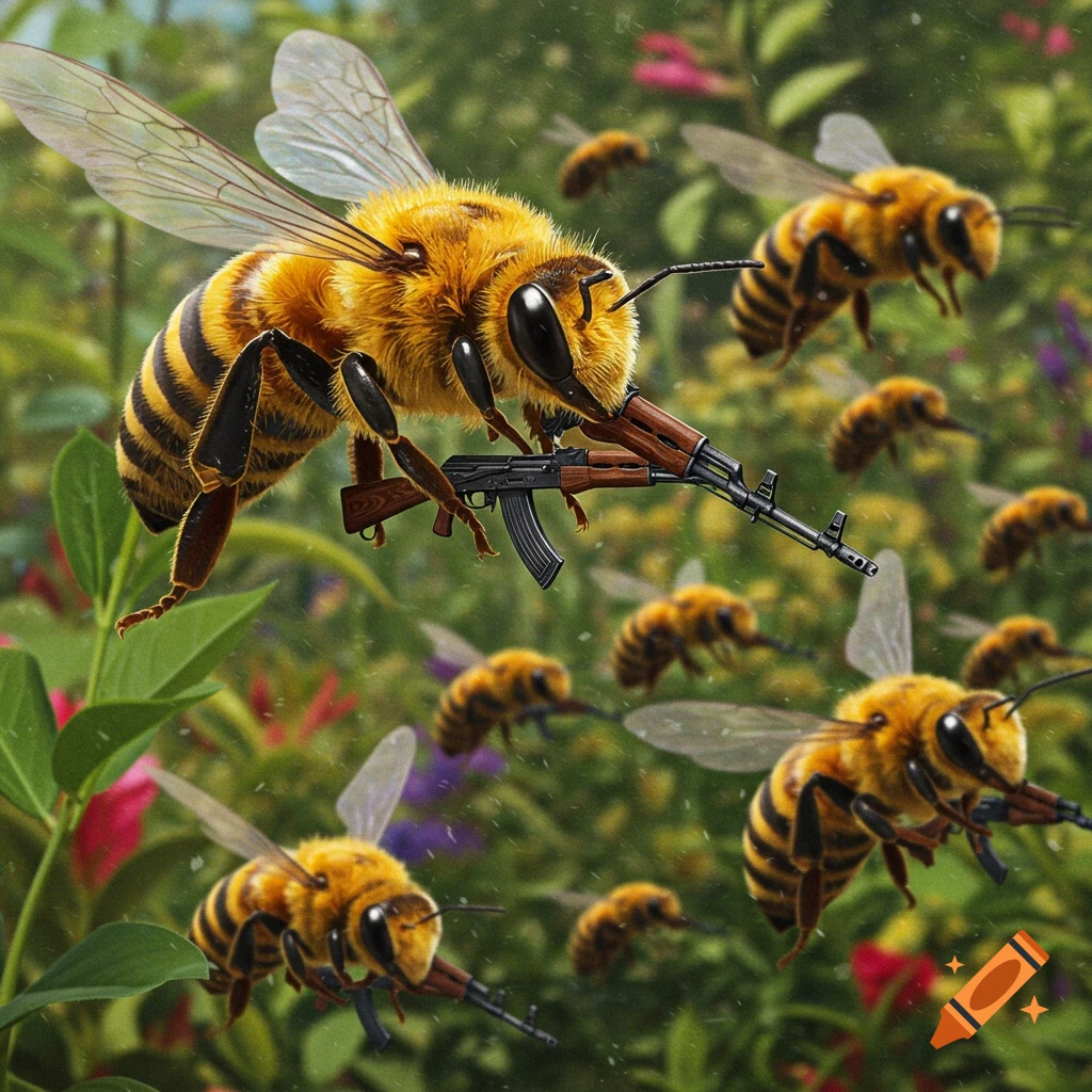 A swarm of bees fly through foliage, each holding an assault rifle.