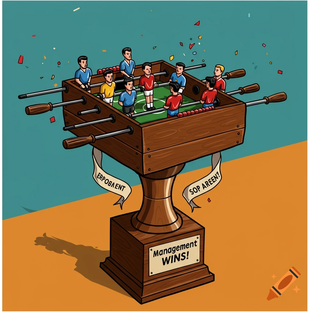 A cartoon illustration of a foosball trophy with 'Management WINS!' on the base.