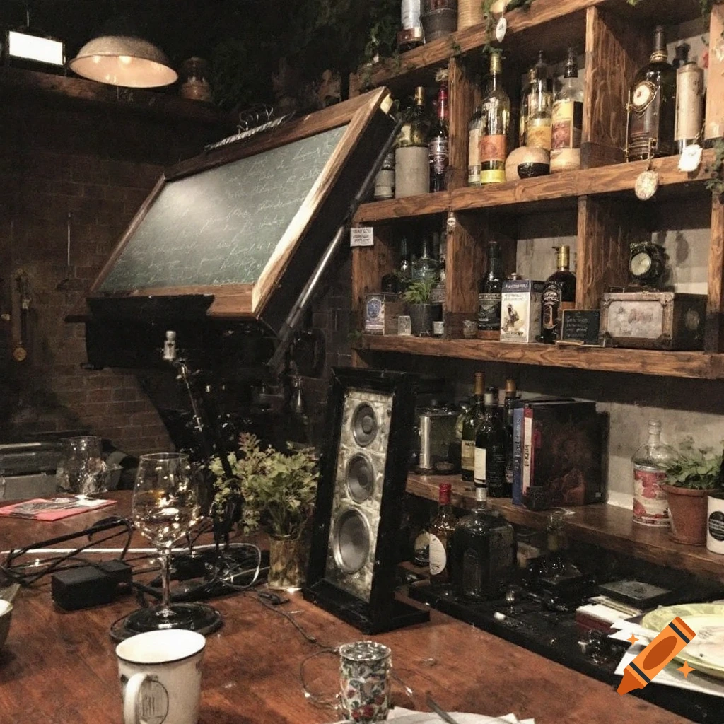 An interior shot of a dimly lit bar or restaurant with bottles on shelves, a chalkboard, glasses, and a speaker on a wooden counter.