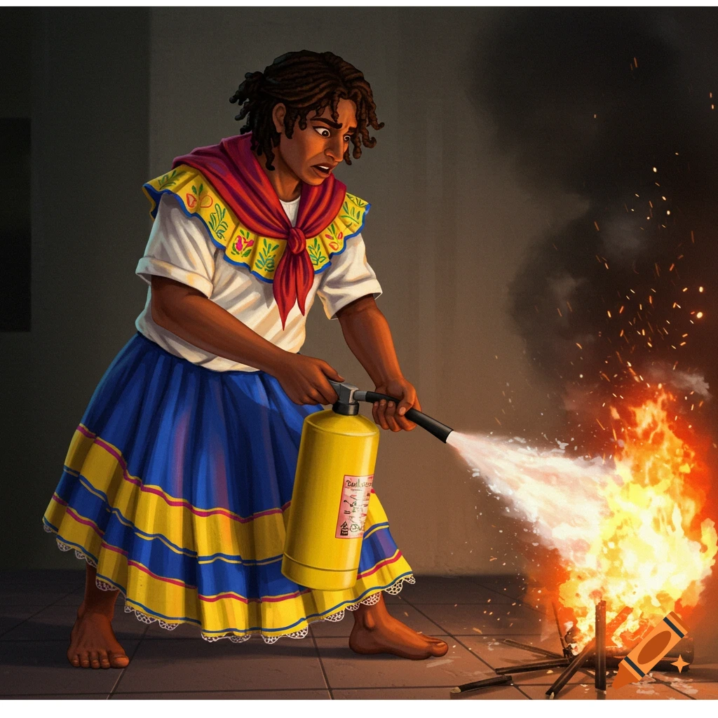 A person in traditional Colombian clothing is putting out a fire with a fire extinguisher.