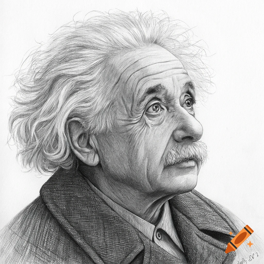 Detailed pencil drawing portrait of Albert Einstein looking upwards.