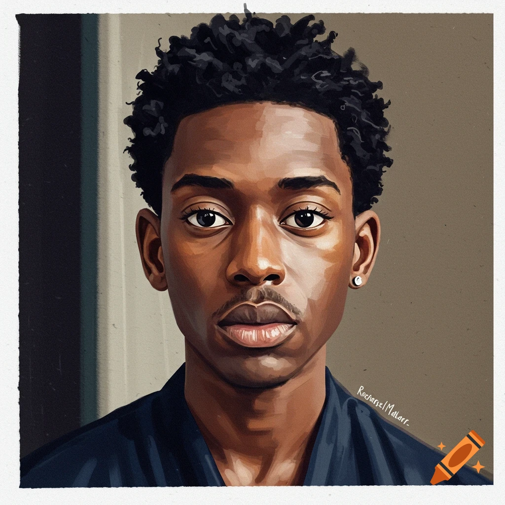 Portrait of a young Black man with curly hair.