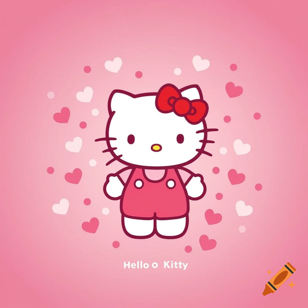 Cartoon illustration of Hello Kitty in a pink dress with a red bow surrounded by pink and white hearts and dots on a pink background.