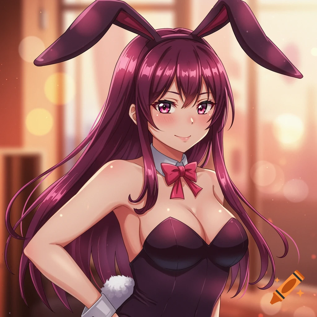 Anime girl with long pink hair and bunny ears in a dark purple bunny suit, smiling.