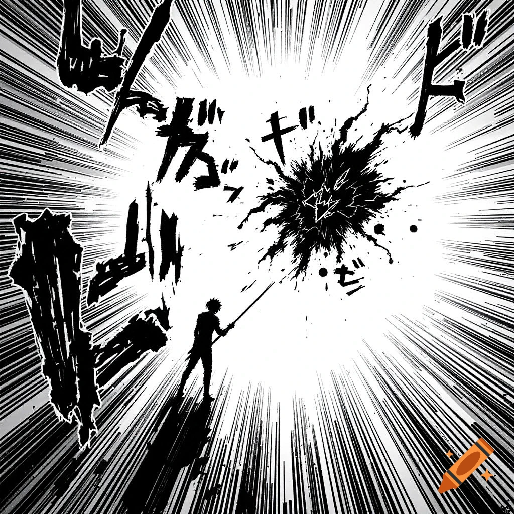 Silhouette figure battling chaotic energy in dynamic manga style