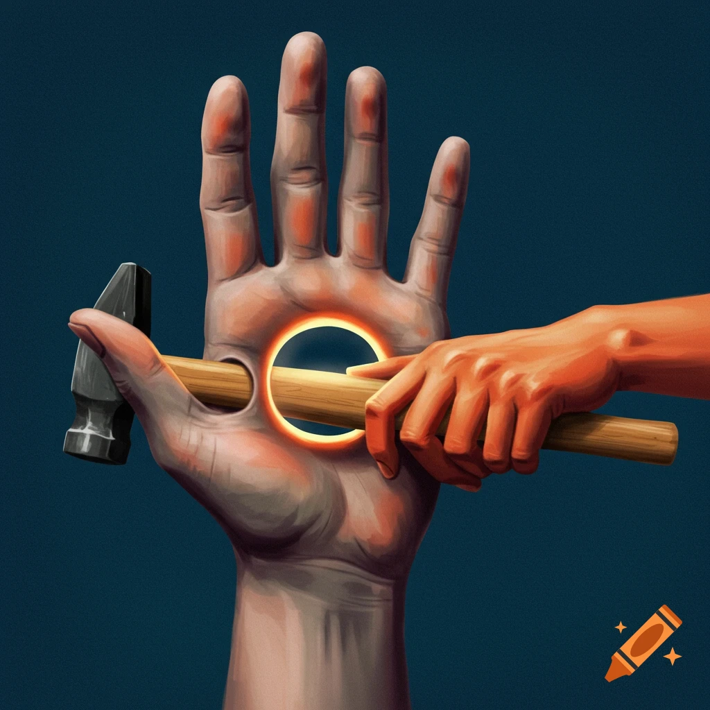A hand with a hole in the palm, through which another hand holds a hammer.