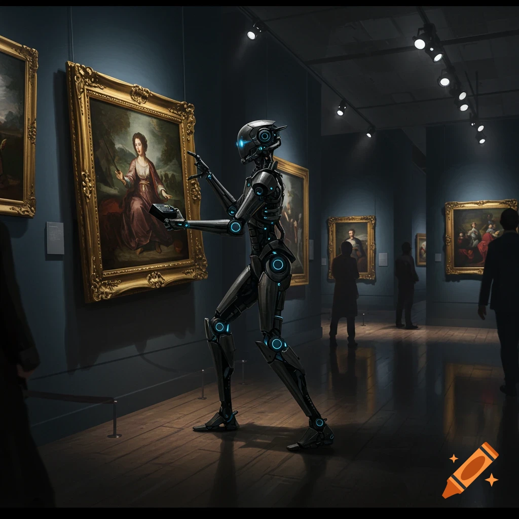 A robot examining a painting in a museum