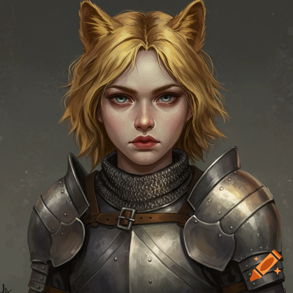 Portrait of a young woman with cat ears in knight armor.