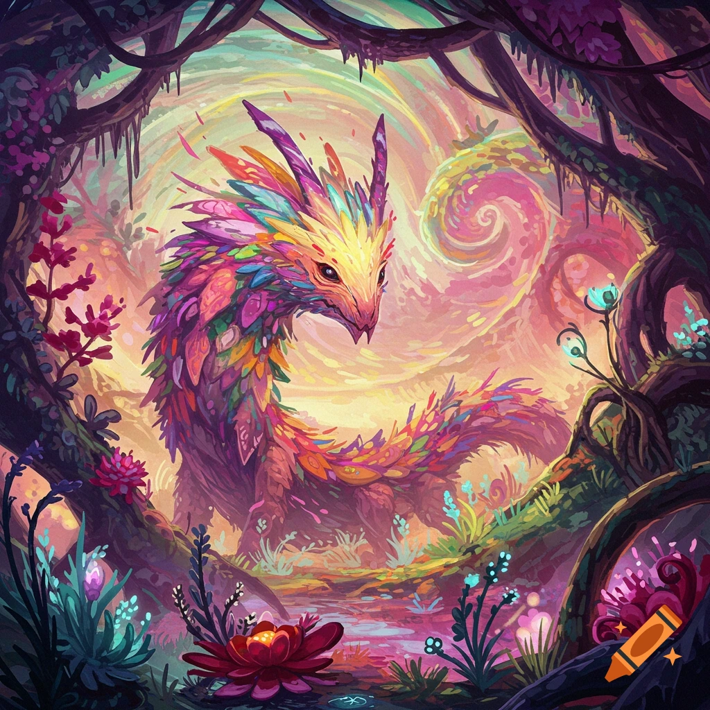 A colorful, feathery dragon-like creature stands in a vibrant, magical forest clearing.