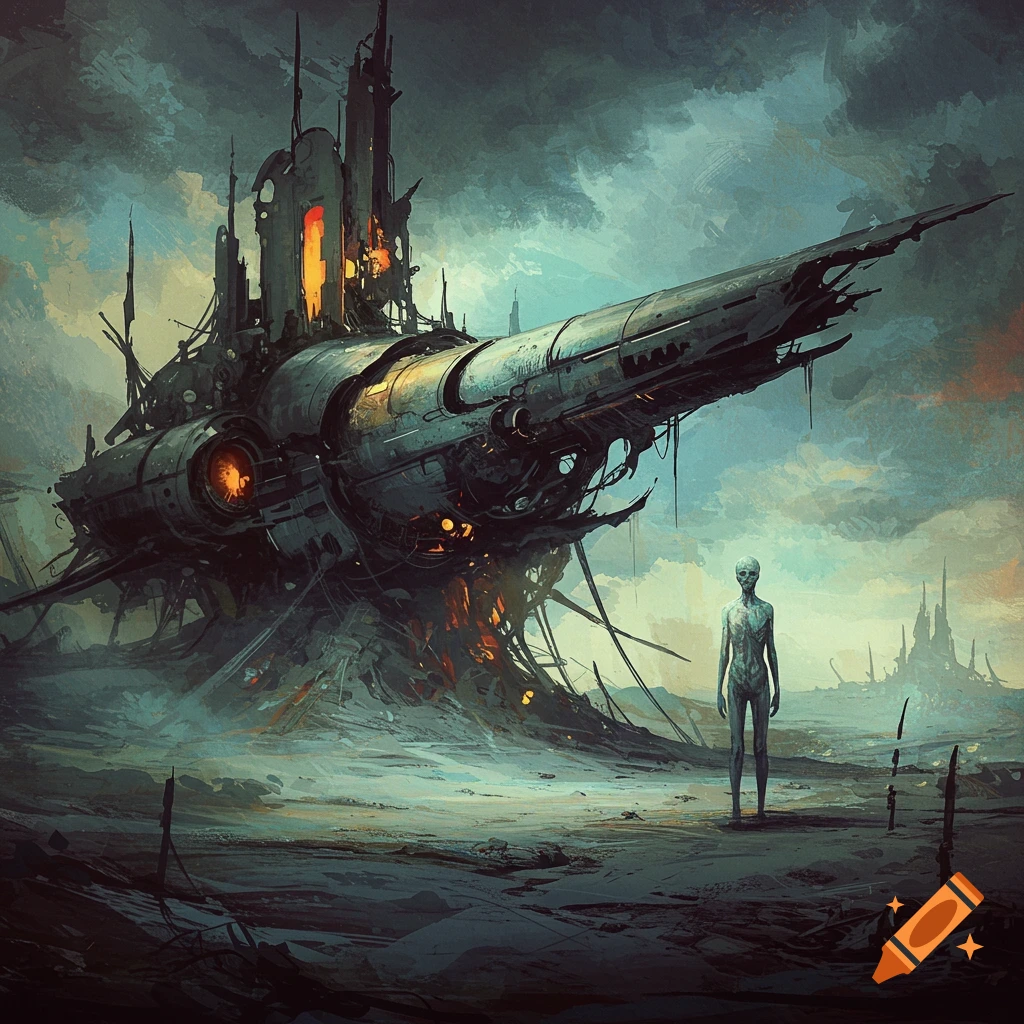 An alien figure stands before a crashed futuristic structure in a desolate landscape, in a dark, painterly style.