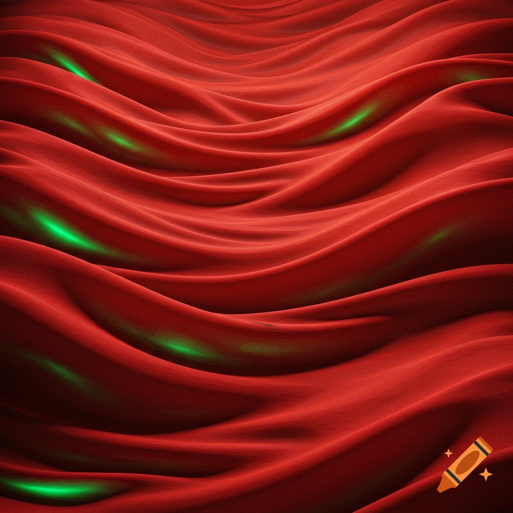 Flowing red fabric illuminated by glowing green light.