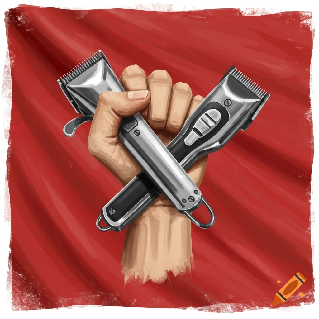 A raised fist holds two hair clippers crossed over a red background.