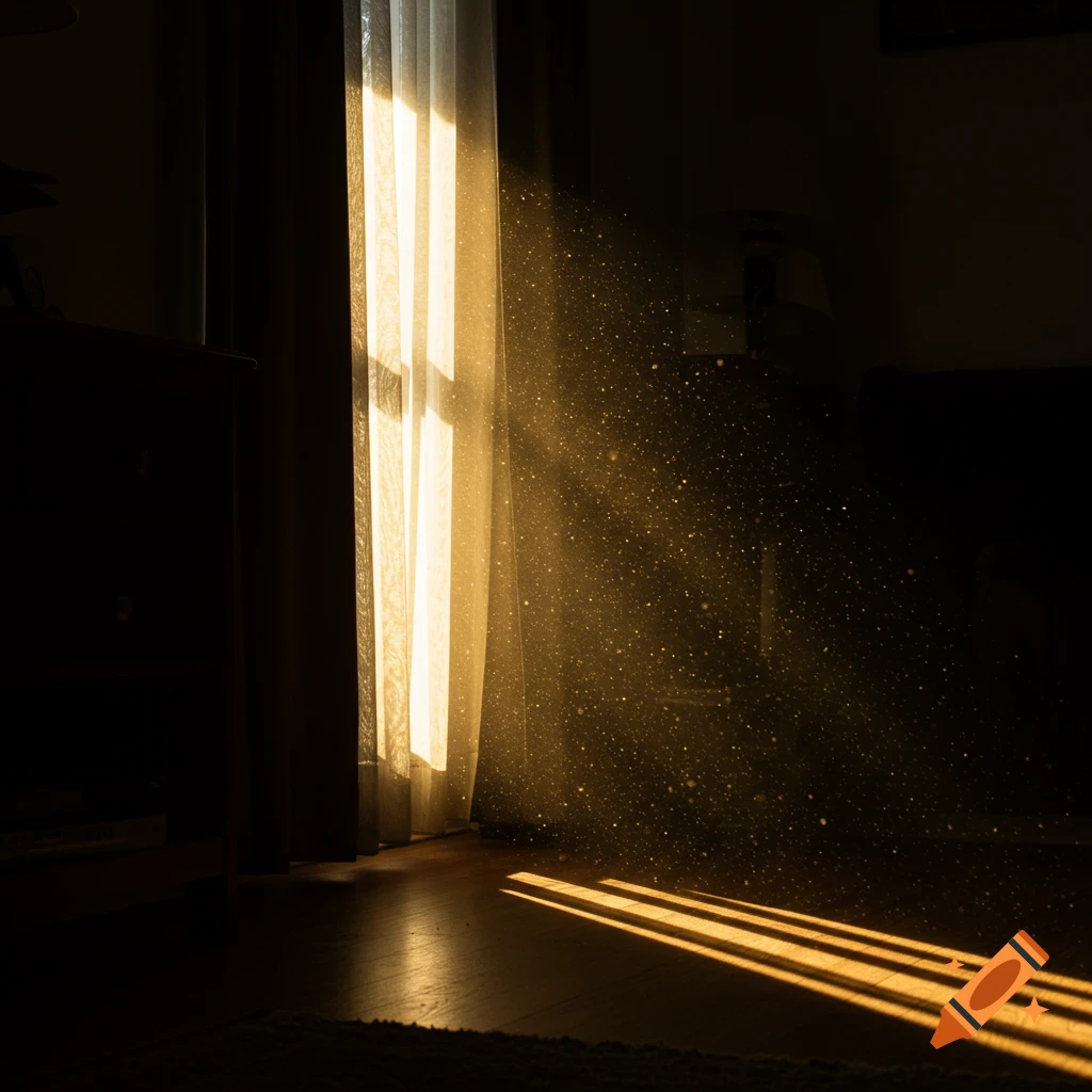 Sunlight streams through a window with curtains into a dark room, illuminating dust motes and casting shadows on the floor.