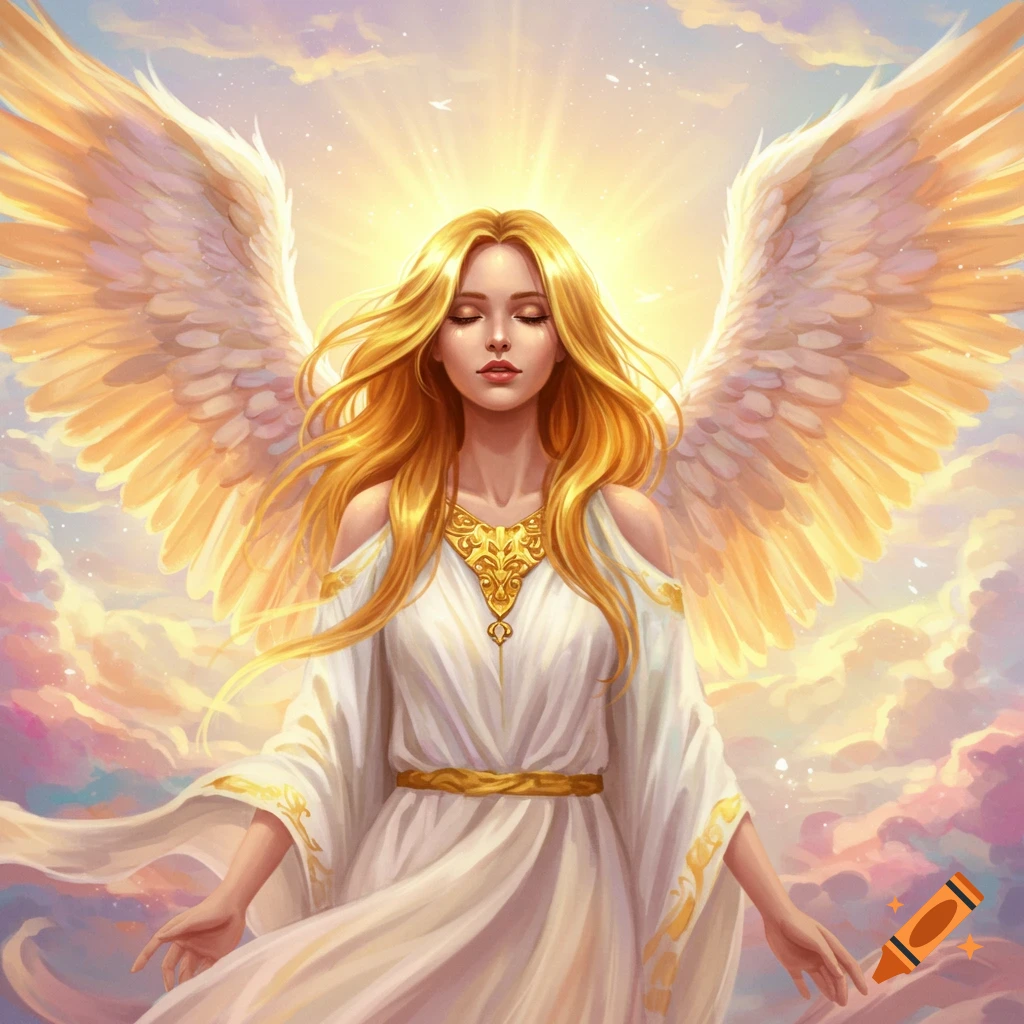 A blonde angel with large golden wings, wearing a white dress against a cloudy sky.
