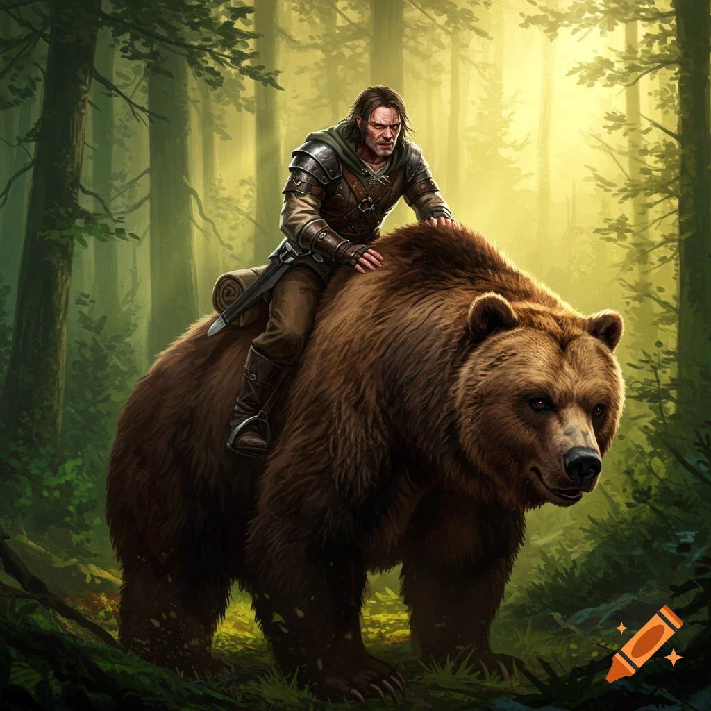A man in armor is riding a large brown bear through a sunlit forest.