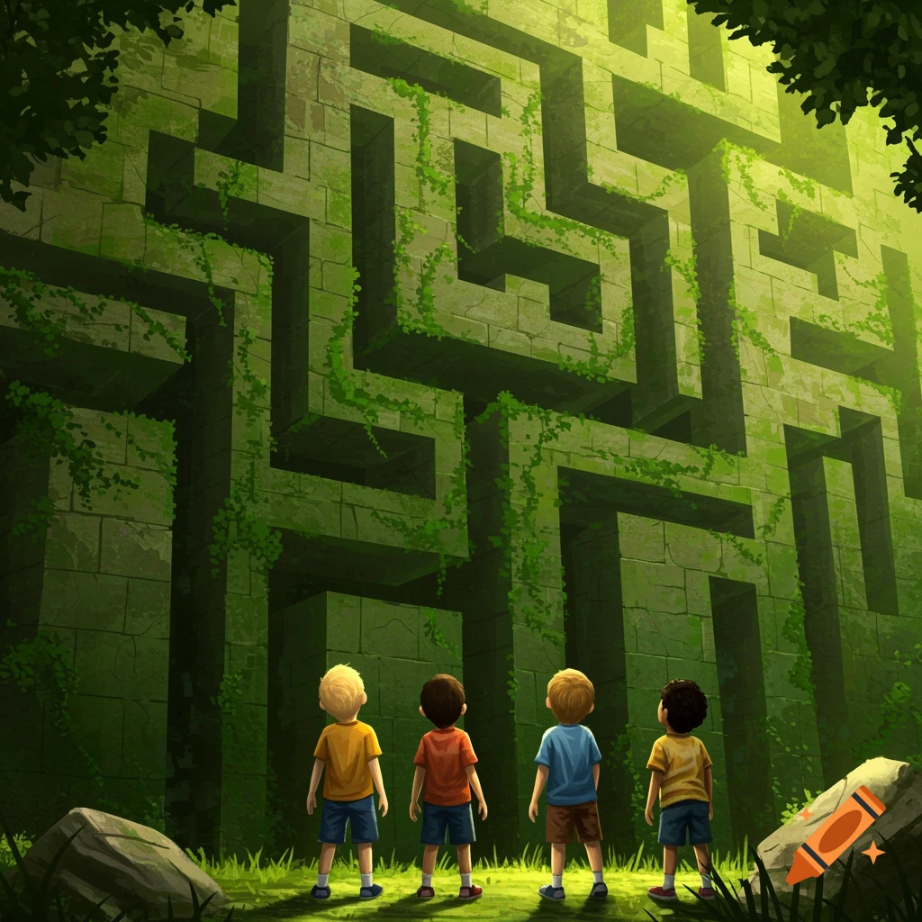 Four children looking up at a large, vine-covered stone maze wall.