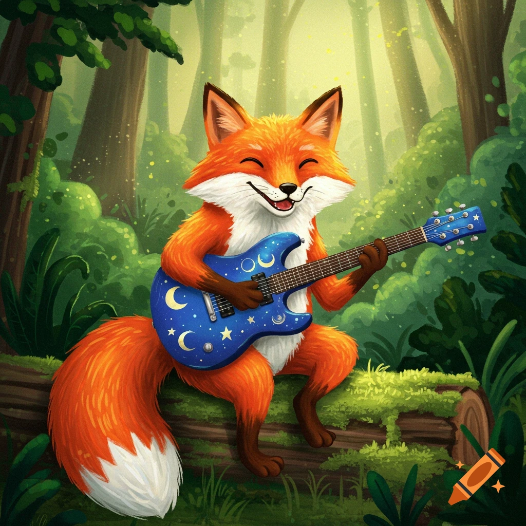 A smiling fox playing a blue electric guitar in a sunny forest.