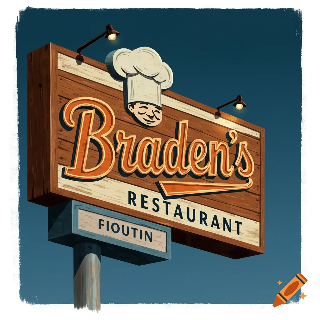 A vintage-style sign for Braden's Restaurant with a chef's head icon.