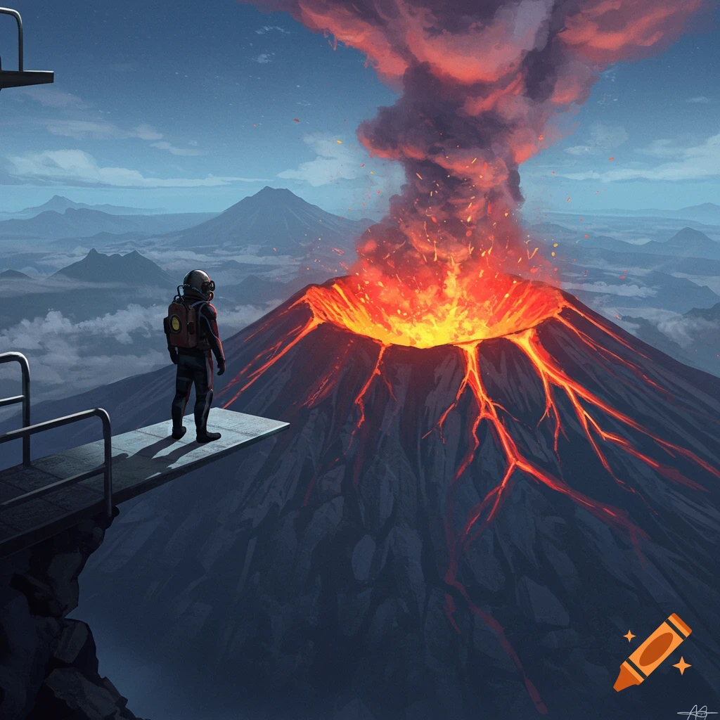 A person stands on a diving board, observing an erupting volcano.