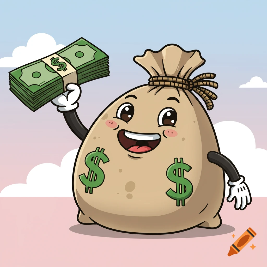 Cartoon money bag character holding a stack of cash