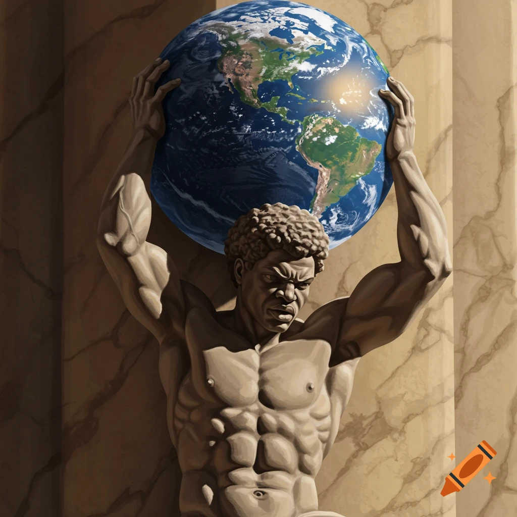 A marble statue of a man holding the Earth above his head.