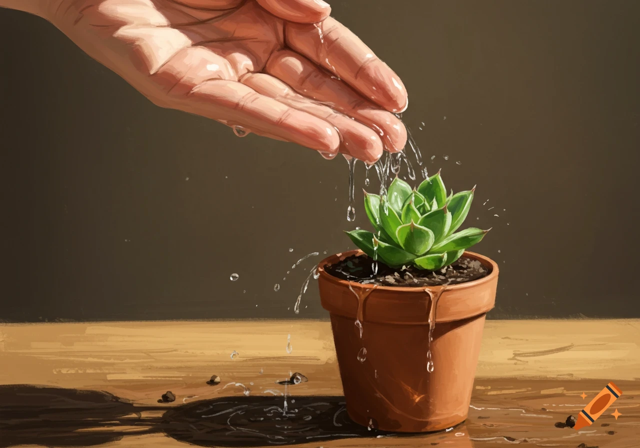 Hand watering a small succulent plant in a pot.